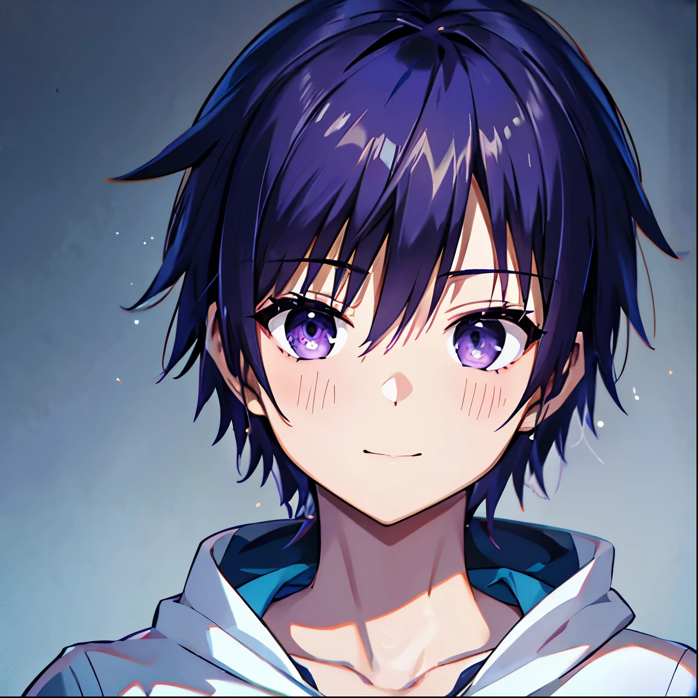  1 boy ,   ambition  ,  Alone,Very short  purple hair,  purple hair,  look up _in_ viewer, ((masterpiece, best quality)),  Beautiful Detailed Eyes ,  beautiful detailed face、Sleepy face、 sleepy look after intercourse、A faint smile,  HOODIE,白い色の HOODIE