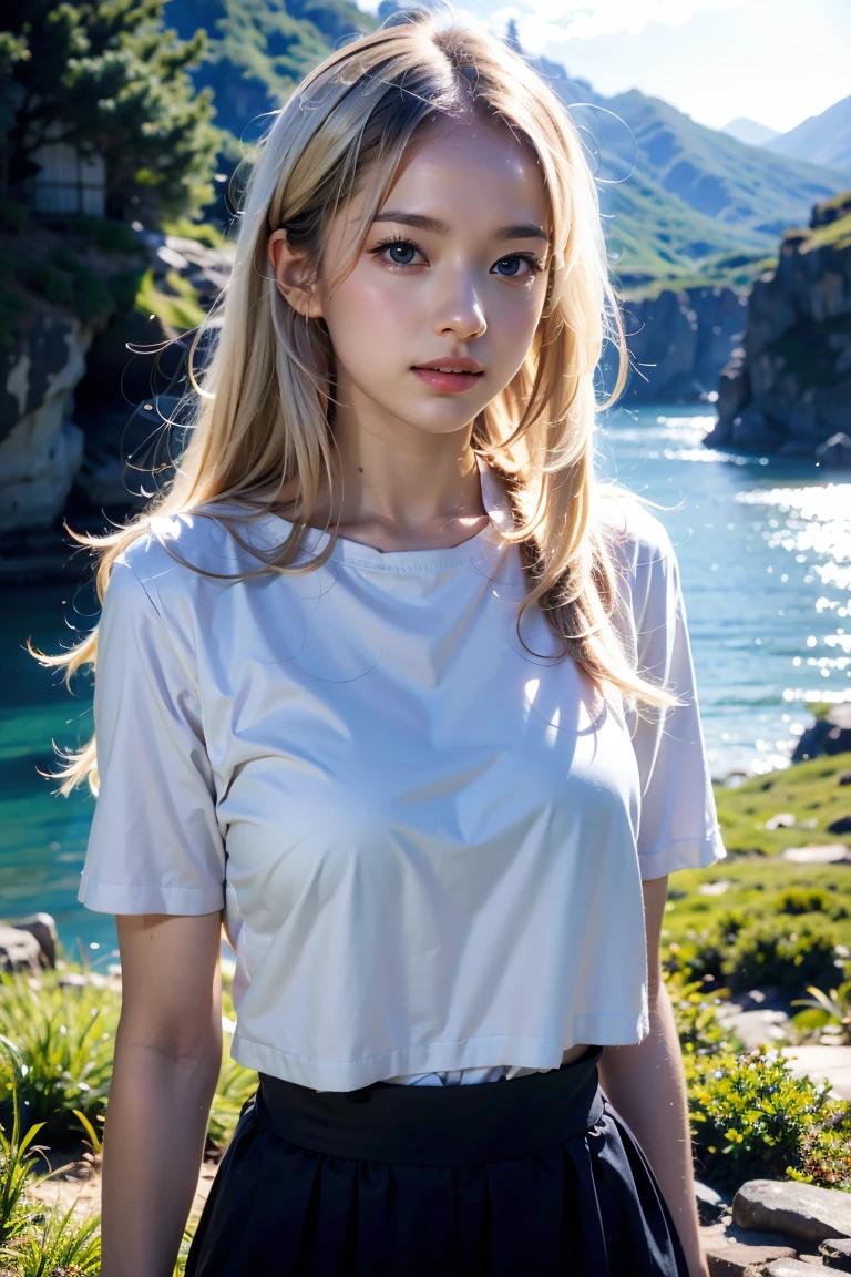 A young woman stands on a weathered wooden dock extending over a still mountain lake at dusk. Dressed in cutoff denim shorts and a loose white tank top, she gazes pensively over the glassy waters with hands in her pockets. Her long honey-blonde hair glows in the golden light of the setting sun. A sense of peace and solitude pervades this high alpine scene at day's end as the sky fades into pastel hues and the loons begin their plaintive calls,
filmg, <lora:FilmG4:0.7>