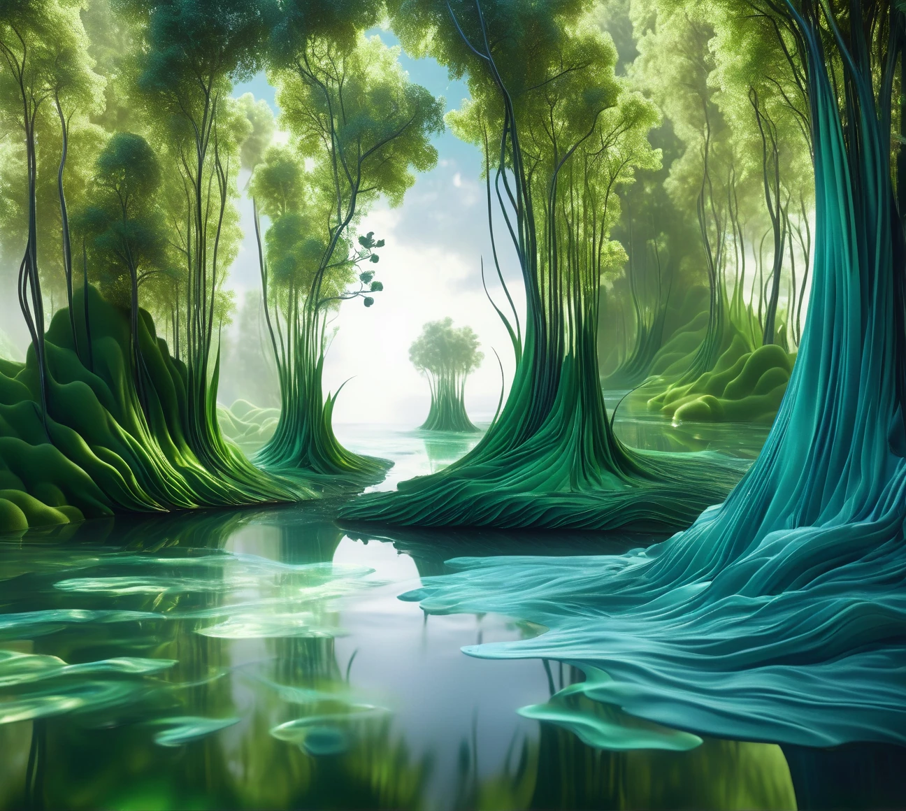  The inspired matte painting ， depicts a river with a bouquet of green water, Hyperrealistic water art, in  a surreal dream landscape,  Scenery rotating in the forest, Hyperrealism 8k, Realistic rippled fabric,   Incredible digital art  , surreal scene, Water Art Control, Surrealist digital art ,  a surreal dream landscape, breathtaking digital art, Hyperrealistic digital art,  surreal 3D rendering 