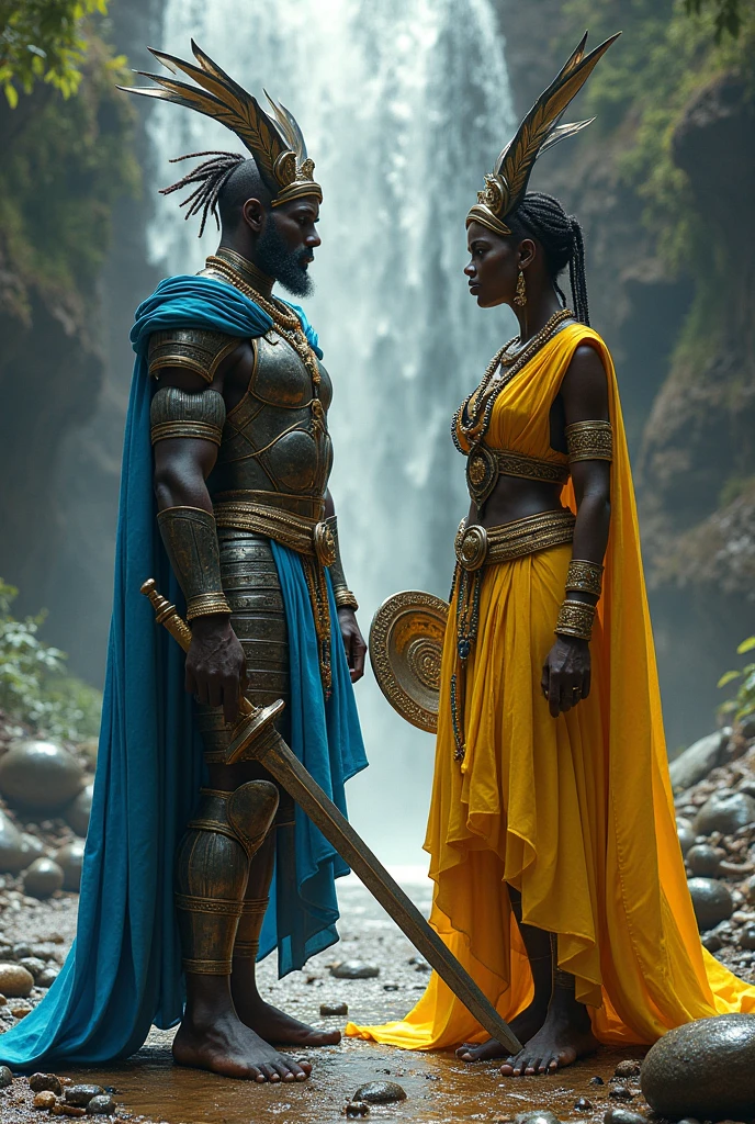 A beautiful black African woman , lush body, long hair decorated with cowries and shells, a scimitar in hand on the riverbank sharpening, barefoot.wearing light green clothes with cowries , lots of shells and cowries to wear ,pulseiras de cobre e pedras no pulso e colares de conchas au 3d , au (close) Ao lado um homau ????? africano olhando a e sorrindo, wearing cobalt blue clothes with a spear , Ogun river leaving the continent of Africa in the background , walking to the riverside , imagau hiperrealista.
