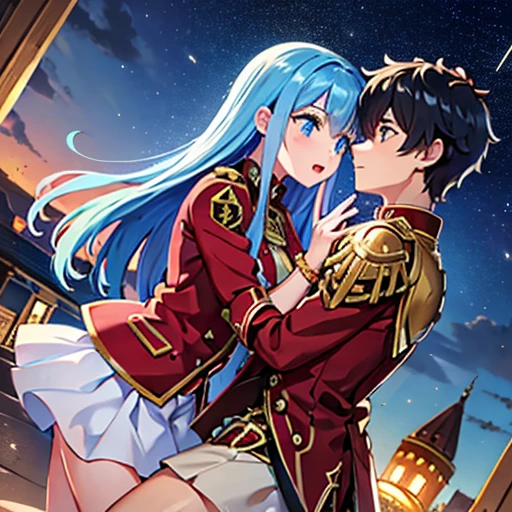 A girl with blue eyes and light blue hair, red blouse with gold plates on her body, pink panties, a gold bracelet and white skirt affectionately kissing a boy with short black hair on the lips, ojos marrones, lentes, red jacket with a night castle behind them and shooting stars in the sky