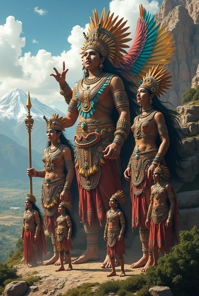 I want you to make those same 2 Mayan men gods creating wooden men while other wooden men walk between them