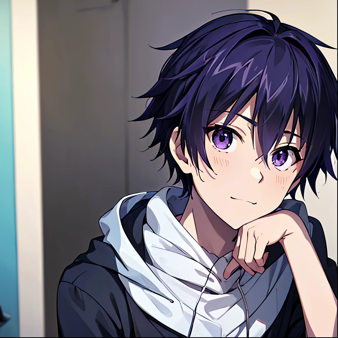  1 boy ,   ambition  ,  Alone,Very short  purple hair,  purple hair,  look up _in_ viewer, ((masterpiece, best quality)),  Beautiful Detailed Eyes ,  beautiful detailed face、Sleepy face、 sleepy look after intercourse、A faint smile,  HOODIE,白い色の HOODIE，Hold a black cat tightly