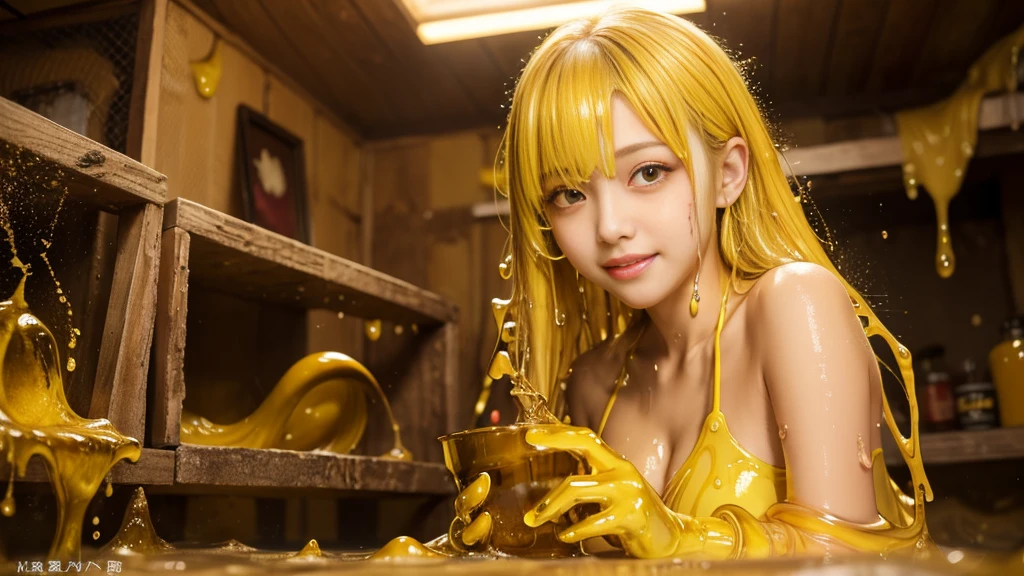 (hight resolution,masutepiece:1.2),Ultra-detailed,(Realistic:1.37),Portrait,Slime Girl,covered in yellow slime, (partially transparent), (Wet with water), (Yellow sweat), Slimy yellow liquid dripping from her body. Her hair is also covered in yellow slime. Yellow slime splatters, blond hairs, yellow  eyes