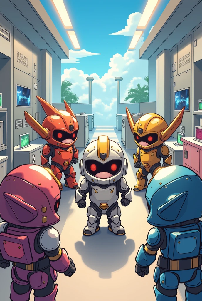 (NSFW:0.8), ((masterpiece)), best quality, a cartoon anime style, toonish style, (feminine figure, butt, pretty, beautiful, sexy), reimagine a (team) of mecha space ranger soldier character with a strong and heroic appearance, (futuristic armor suit:1.5), (positive expressions:2). Use the color scheme of metallic (girly color) for her armor suit. Emphasize the dynamic pose and the presence of her being in galaxies and stars in the to enhance the sense of her space adventure.