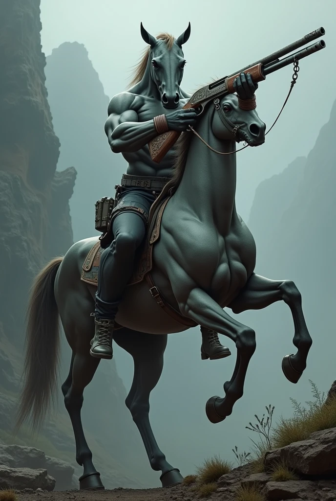 a Centaur, black, Dreadlocks, Toned Muscles, Hold a large crossbow, expensive, full house, Cool and black silhouette, superhuman power, Strong Will, Impact, shock wave with spark, dark background,