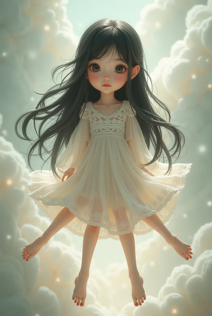A little girl sits on a white cloud，Looking at the birds flying into the distance