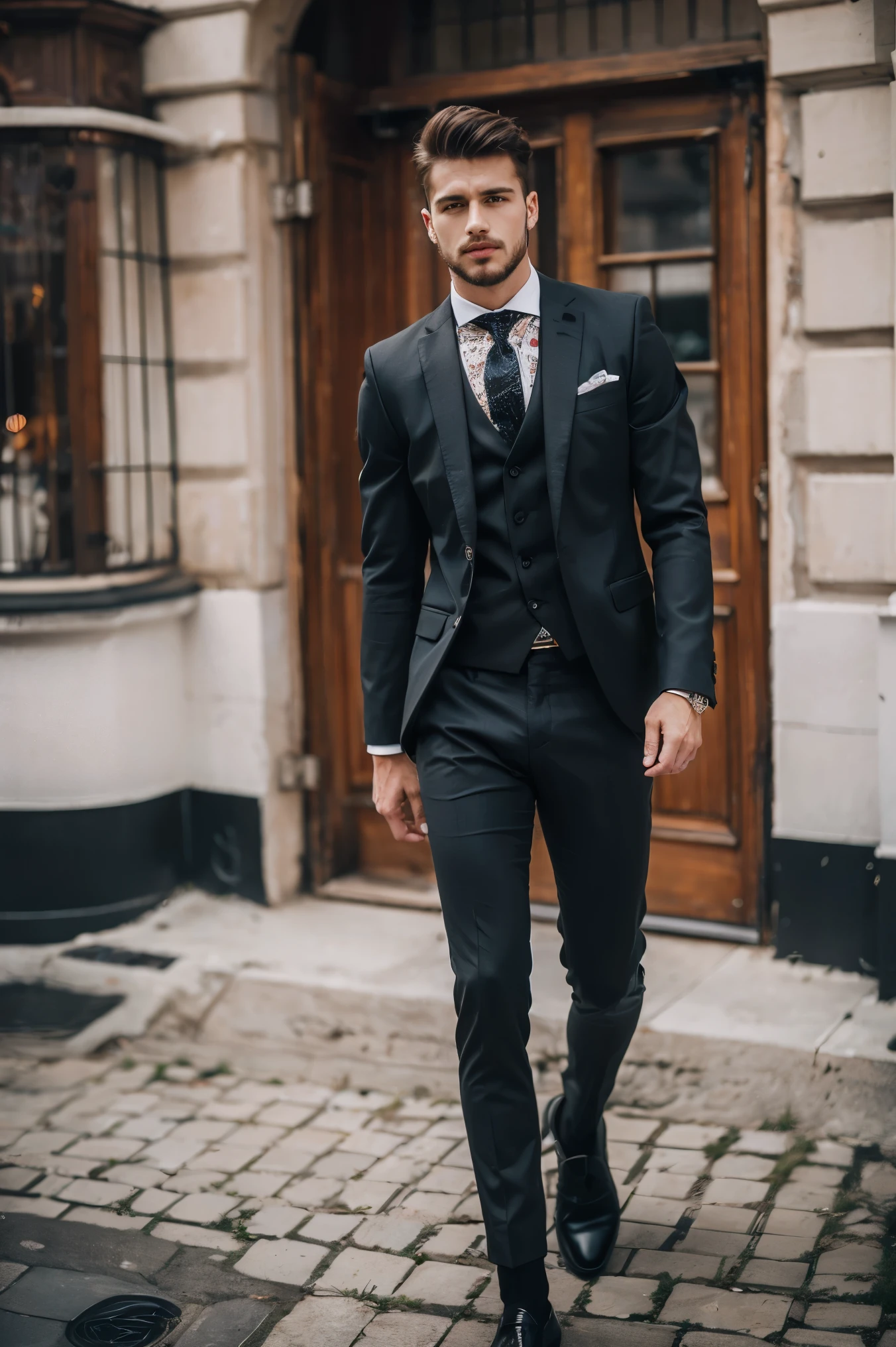 Handsome French Men, wear luxury formal suit, outdoor