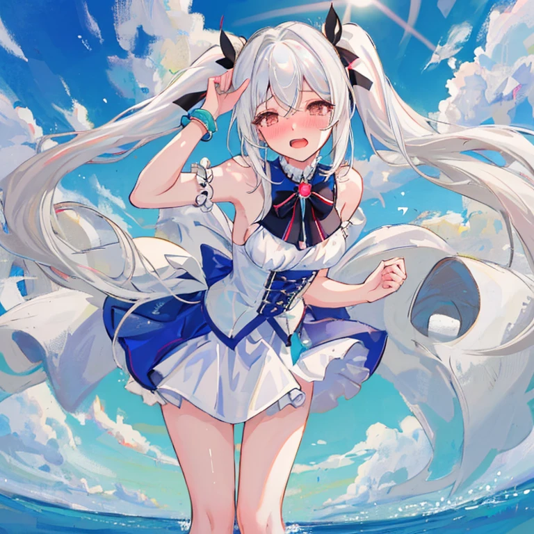 Anime girl with white hair and pink cheeks holding a white umbrella, shikamimi, , small lolil, Cute anime girl, small curvaceous loli, Sp art anime Loli, Officirtwork, anime visual of a cute girl, Best anime 4k konachan wallpaper, cute anime face, cute anime girl portraits, extremely cute anime girl face