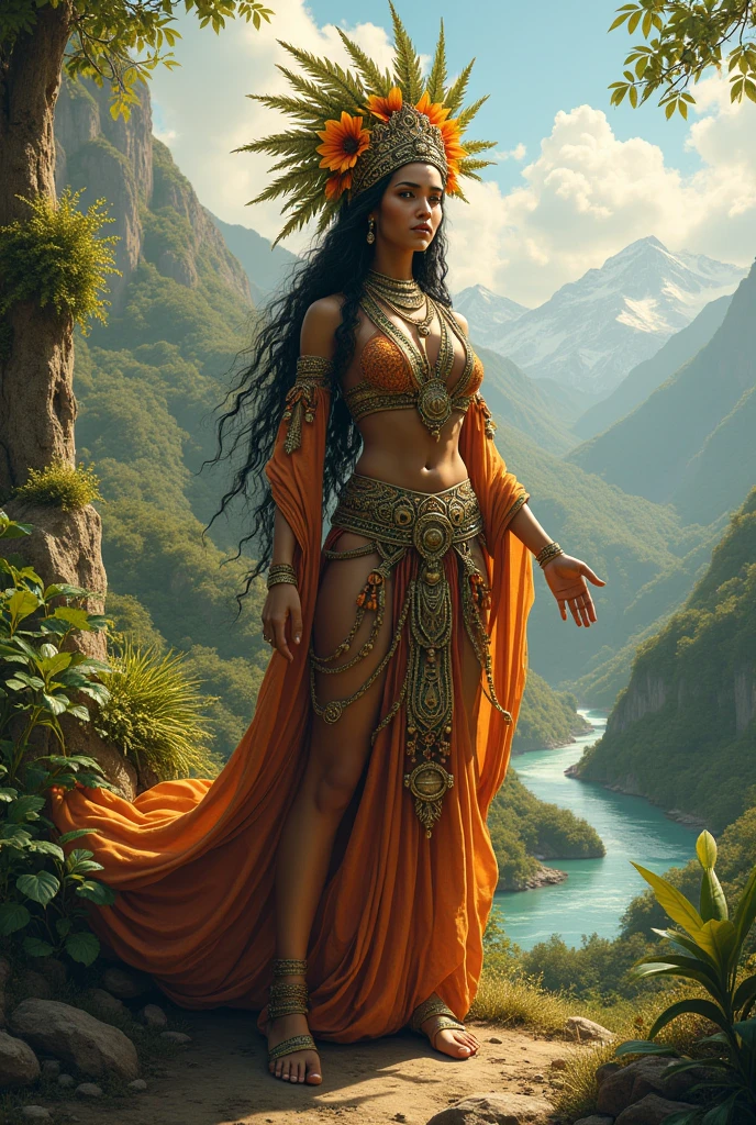BEAUTIFUL WOMAN on mountain, sunset sky, red sunset clouds, sunset, long hair in the wind, eagle feathers, queen eagle, goddess dressed in eagle feathers, fantasy, over exposure, perfect eyes, metallic colors, surreal art, full body , bare feet, mountainous horizon view, lake in the distance, lady in the center of the scene, huge full moon in front of the sun, transparent clothing,