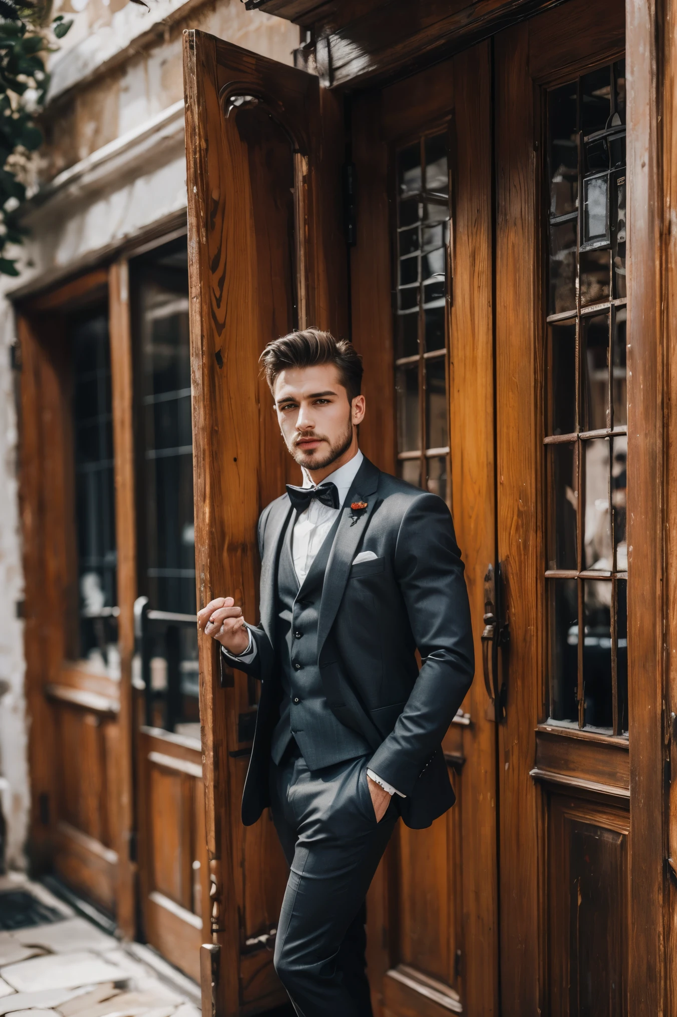 Handsome French Men, wear luxury formal suit, outdoor