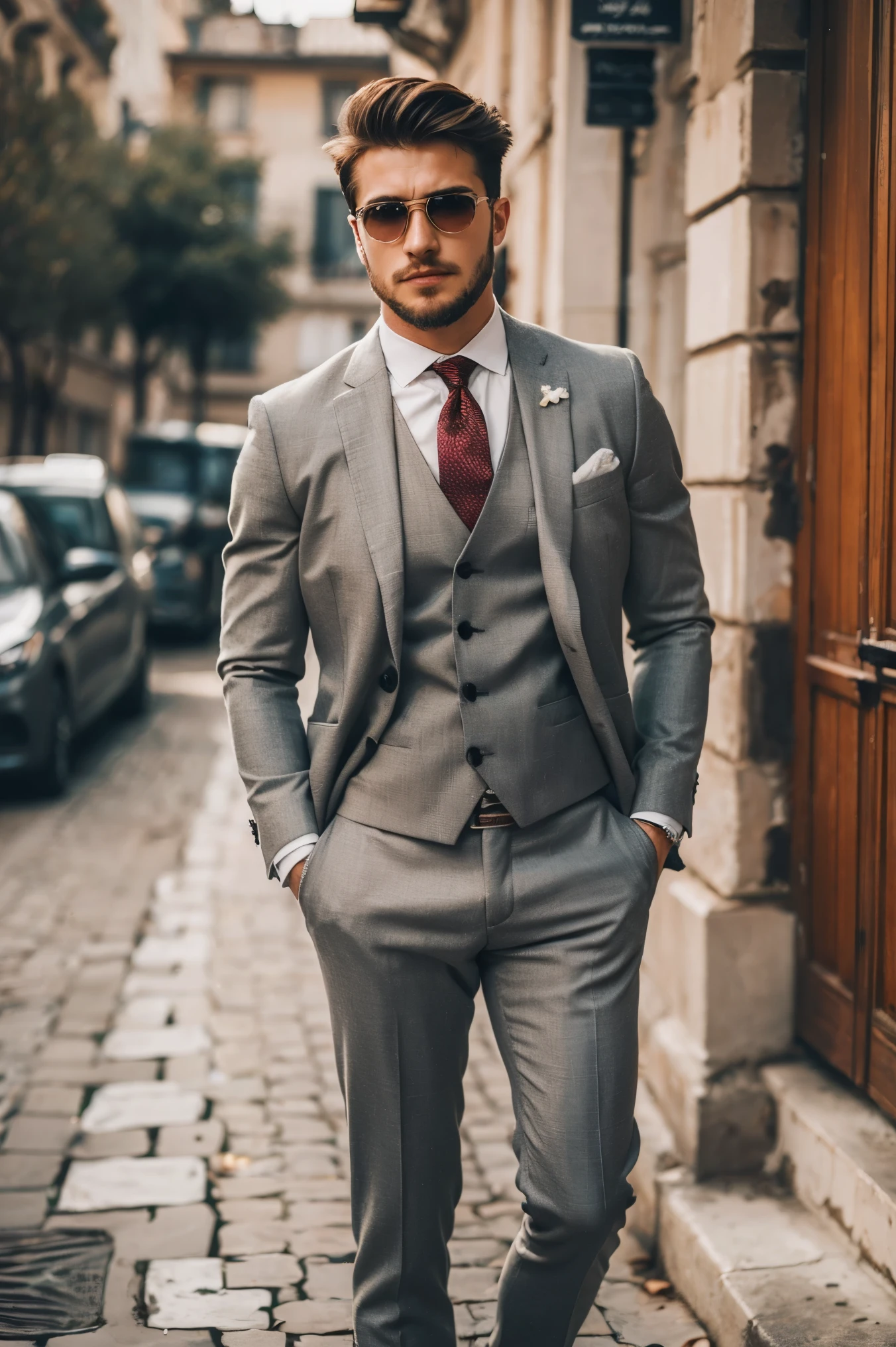 Handsome French Men, wear luxury formal suit, outdoor