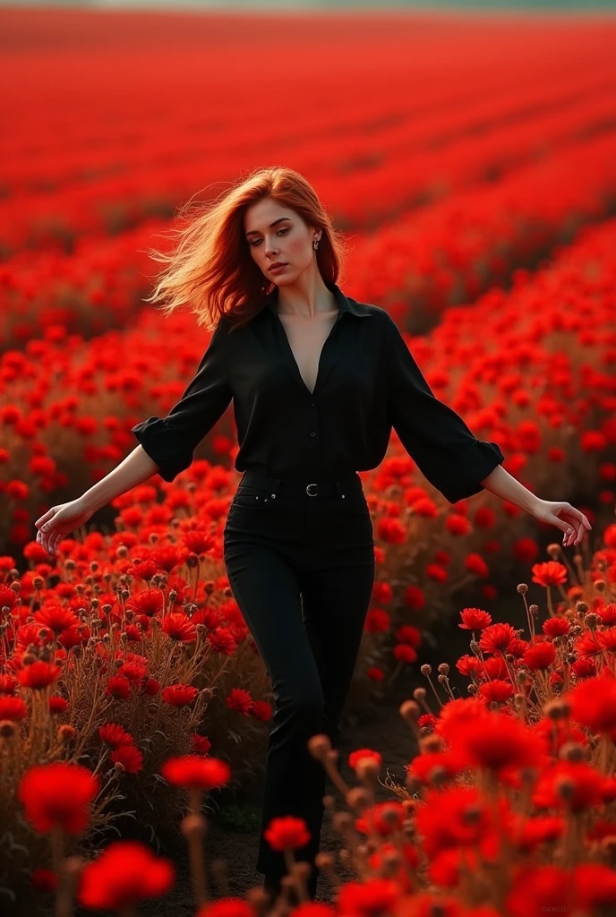 a gorgeous orange-haired woman (Cristy Ren) as a naughty teacher, bordeaux red unbuttoned leather blouse, leather pencil skirt with high laced split, ((surrounded by beautiful flowers)) (in sunset light:1.2), backlit, belt, backlit, perfect make-up, cinematic, realistic, tight hairstyle, high contrast, visually rich, brown eyes, strong eyeliner, elegant, graceful, natural beauty, charismatic, versatile, photogenic, very detailed