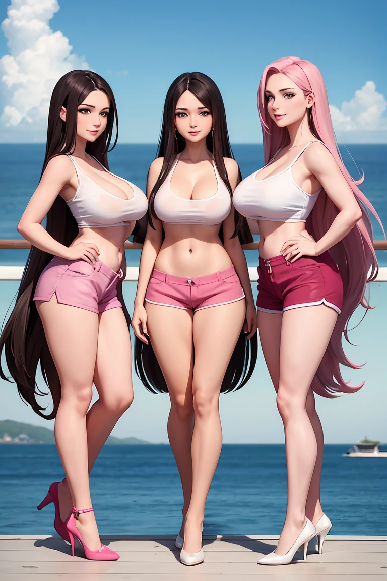 Mature 23 year old sexy triplets,  long straight hair , big breasts,  FULL BODY IMAGE ,  image with a sexy and provocative posture,  full body image, Perfect and defined face and hands, on a cruise,  clothing in pink shorts or shorts and white blouse, details face, masterpiece 