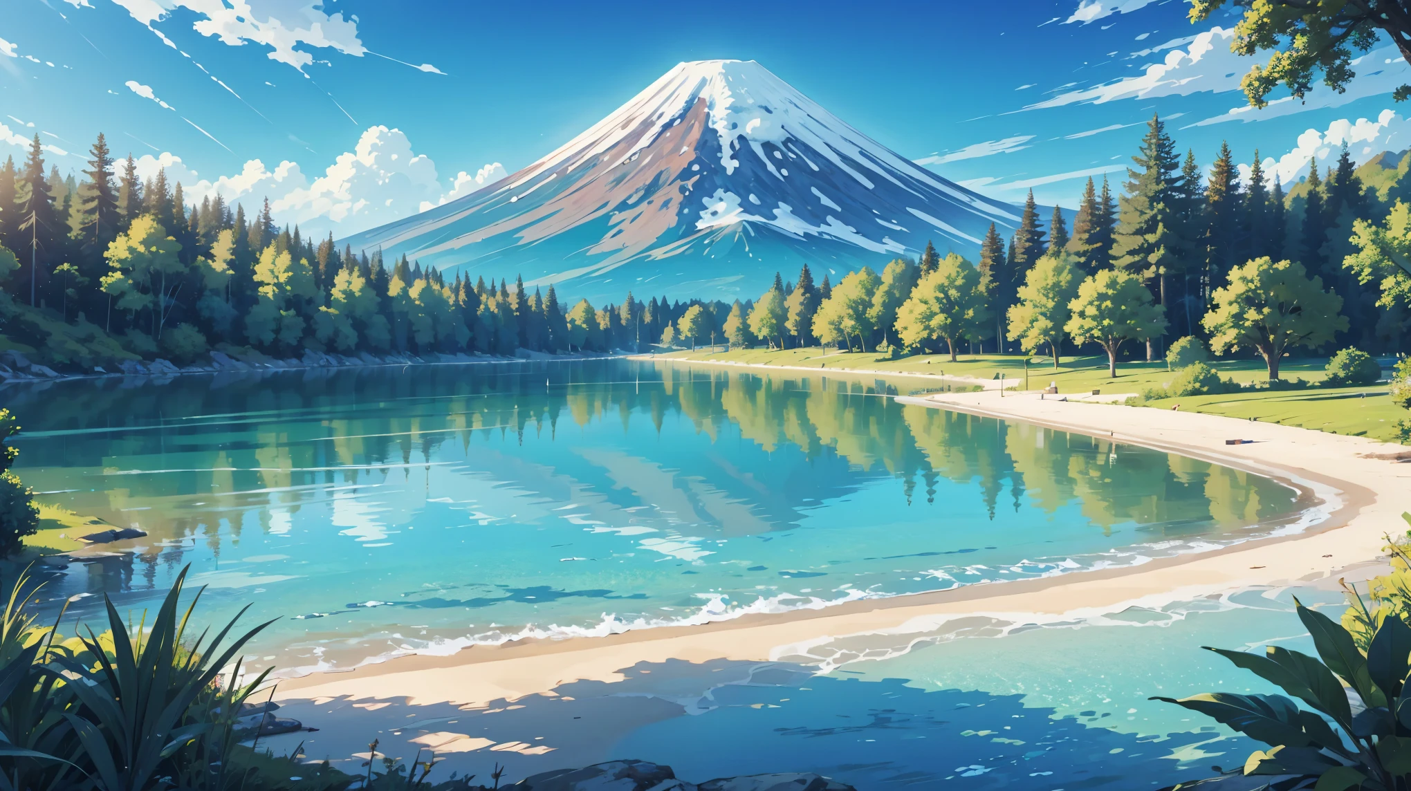Create a view of a lake with crystal clear water , super details, vegetation and trees blue sky and a volcano in the background