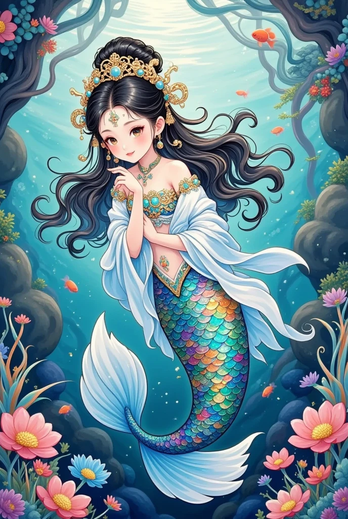  Chinese style，Mermaid Princess，Colorful fish tail