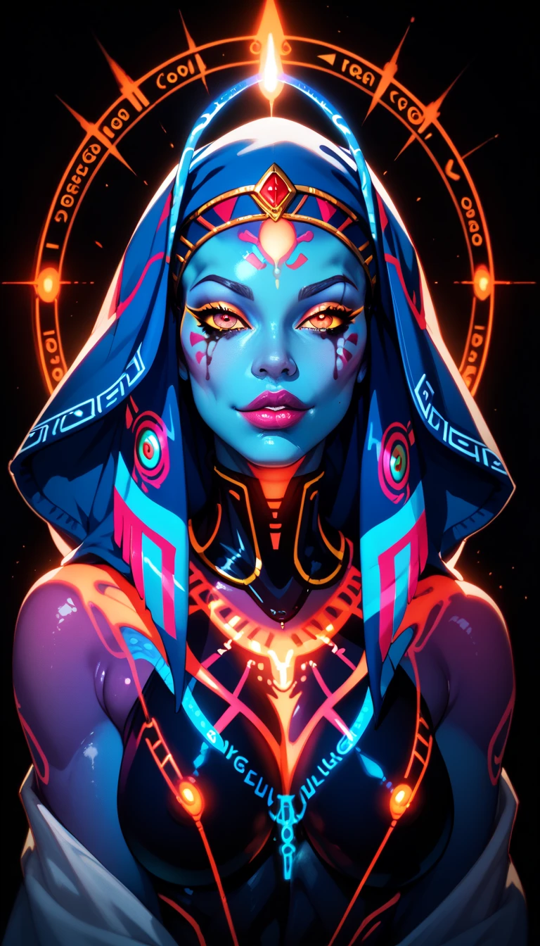 Ancient Extraterrestrial Creature, Alien Being, ((Non-Human)), Female seductive Alien, colorful skin, Revealing Glowing Biopunk, Holographic Alien Tribal, Tribal Alien Priestess, Glowing Makeup, Blacklight, Glowing, Seductive Alien Technology, Black Background, Character Design Sheet