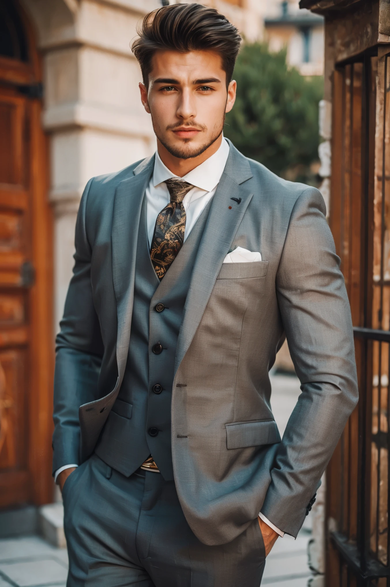 Handsome French Men, wear luxury formal suit, outdoor