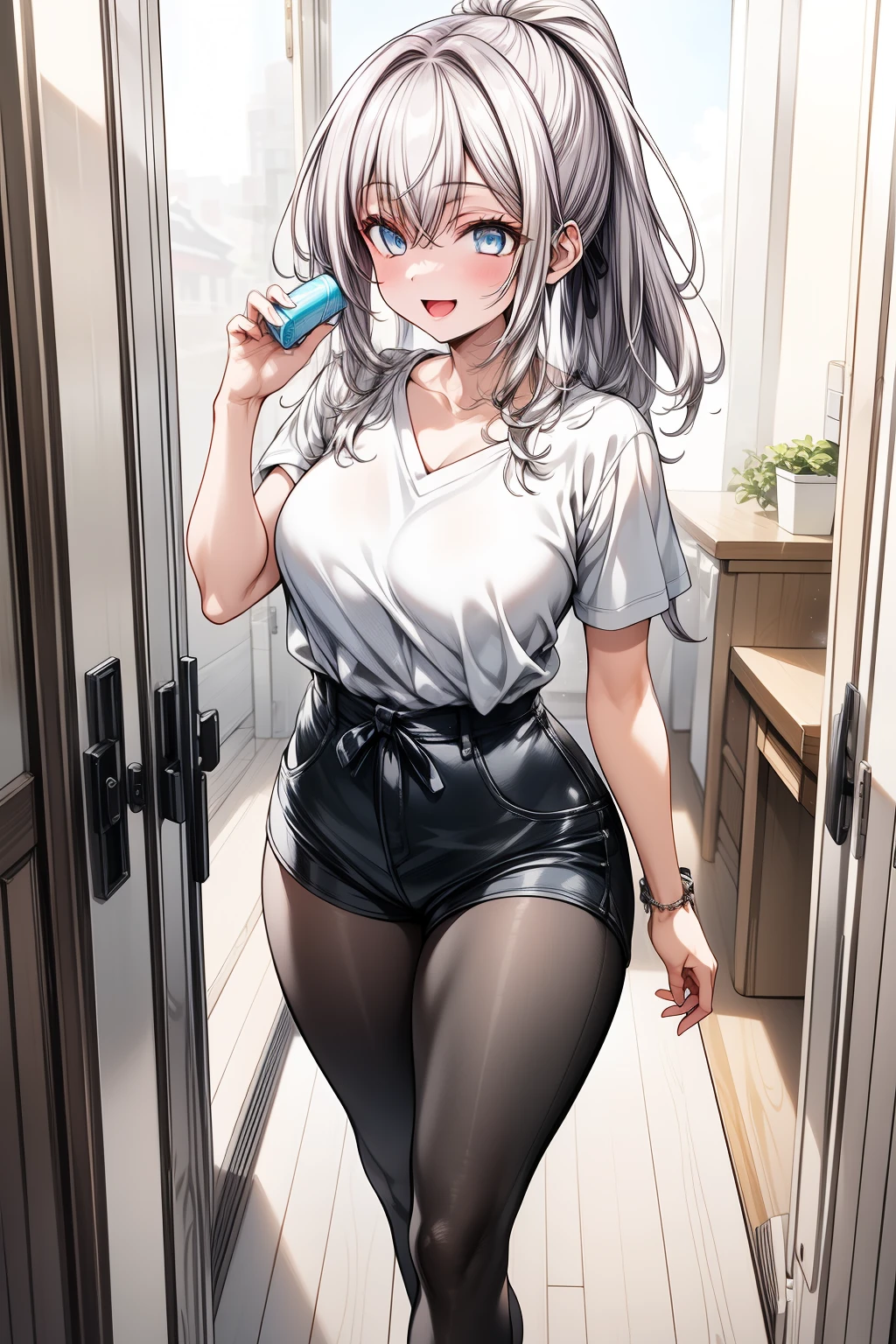   The best quality,  masterpiece ,  ultra-detailed ,  lyrics, highres, 1 girl,  mature woman ,  silver hair ,  ponytail low on the side, beautiful, beautiful and perfect face, detailed eyes, detailed tabs, smile, Open mouth,  looking at the spectator , ( White T-shirt , gray shorts ),  medium breasts  , V-neck,  transparent, curvy body, to throw,  takes close , from the front, Standing,  full body, pies, At home, open the door ,  with hands asia back , on a beautiful night,