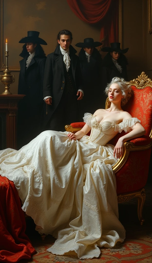 "The Marquis de Sade and Justine lying on a luxurious bed, cinematic masterpiece in 8k resolution, captured from a captivating live action film."