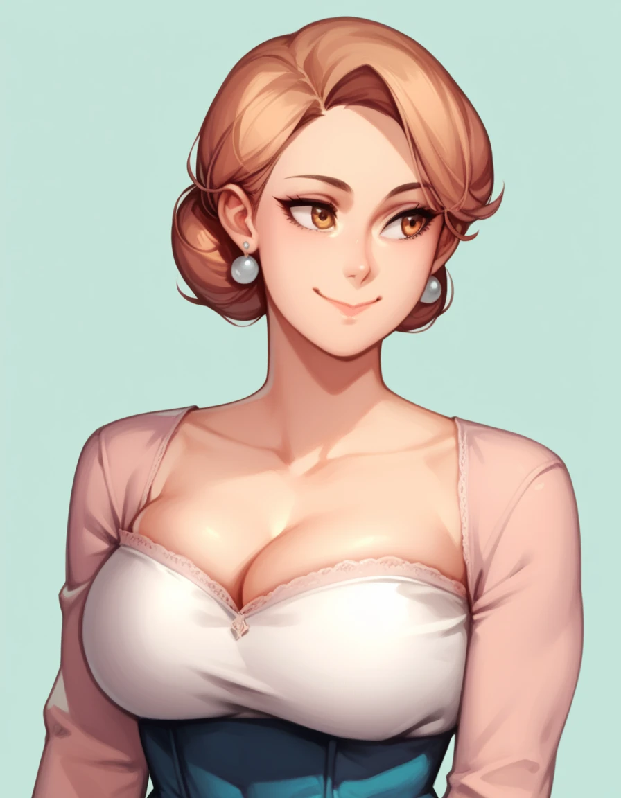 voluptuous body,1girl,solo, closed mouth smiling, upper body portrait, highly detailed, 8k, high definition, fully clothed, milf, b cup breasts, skin, beautiful, wearing a 1950s styled house wife dress, full clothed, facing viewer, anime style, no earrings, make up