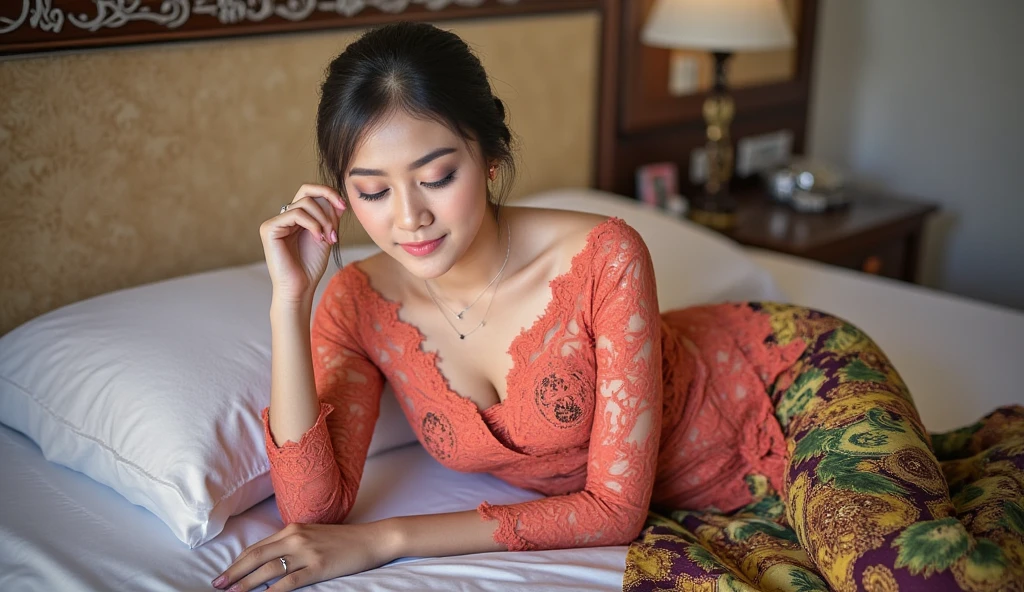 Indonesian woman wearing bright red kebaya with white hijab and batik skirt is lying on her back on her side leaning on one hand IN BED, long open legs wrapped in traditional batik cloth, low angle,