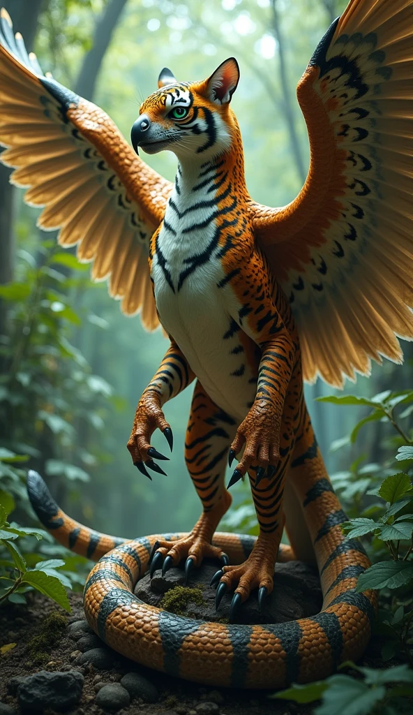 Step into a cinematic realm of wonder, where a mythical chimera roams, adorned with majestic wings of iridescent feathers and the ferocious roar of a lion combined with the serpentine grace of a dragon. (film grain, blurry background, blurry foreground, bokeh, depth of field, motion blur, realistic:1.3) , ((masterpiece, best quality)), art by greg rutkowski