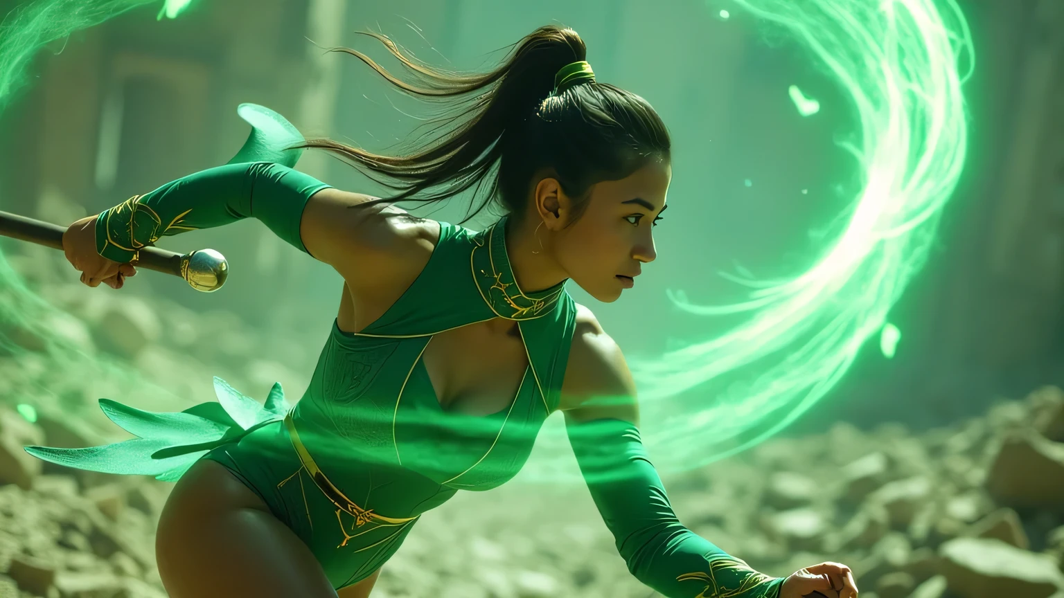 *"HYPER-REALISTIC, PHOTO, REALISM, CINEMATOGRAPHY, 8K, 4K. Jade is mid-action, spinning her glowing green bo staff with deadly precision. Her athletic body moves with fluid grace, each motion perfectly controlled and executed. Her caramel-toned skin glows faintly under the light of her weapon, emphasizing the sharp definition of her toned arms and long, powerful legs.Her combat attire—a tight, emerald-green bodysuit with gold detailing—clings to her hourglass figure, highlighting her athletic chest, narrow waist, and curvaceous hips. Her raven-black hair streams behind her in motion, reflecting her agility and speed,Her piercing emerald eyes shine with determination, her expression a mix of focus and confidence. The background is an Outworld battlefield strewn with rubble and glowing green energy, emphasizing the mystical nature of her powers. Jade’s pose and beauty combine strength and sensuality, making her a mesmerizing figure of deadly elegance."*