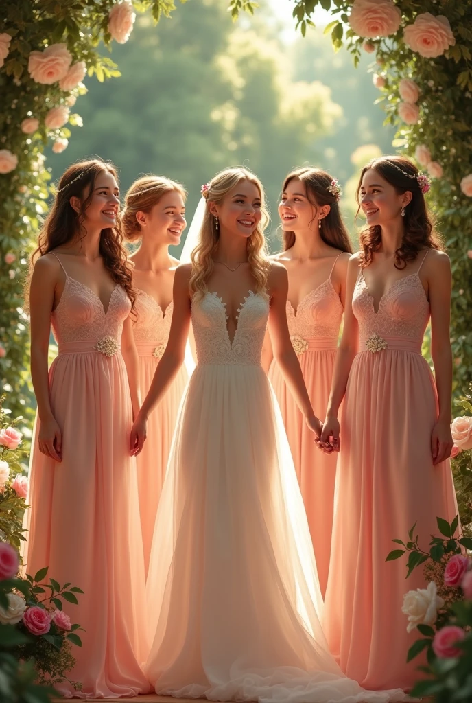 6 bridesmaids in terracotta colored dresses and the bride in the middle