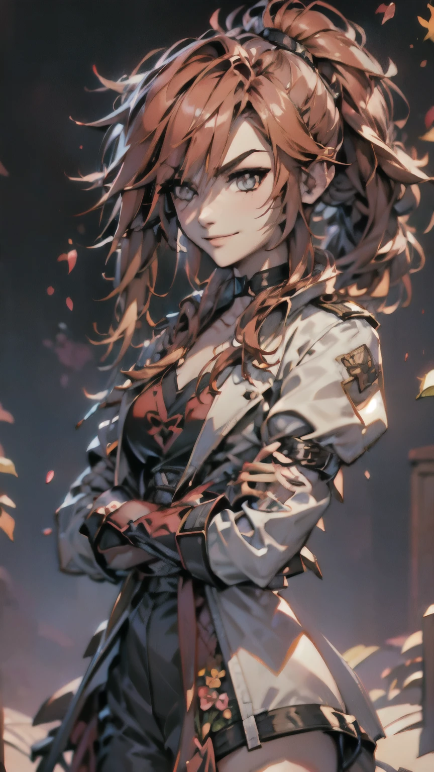 (best quality:1.2),solo,1girl,mdrin,smile,looking at viewer,crossed arms,ponytail,v-shaped eyebrows,white jacket,red shirt,fingerless gloves,black skirt,choker,illustration,floral garden background,warm color tones,soft lighting, Hair over one eye, ultra long hair, standing on hooftop, long boots