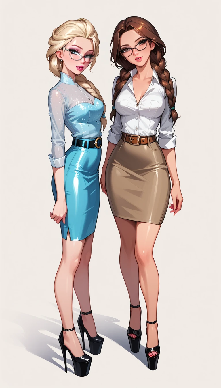 score_9, score_8_above, score_7_above, 2girls, duo, (Well,  brown hair, Braided pigtails,  with a tight pencil skirt,  belt, blouse, glasses, Platform heels:1.3) and (Elsa, blonde, Braid,  with a tight pencil skirt,  belt, blouse, glasses, Platform heels:1.2), flirt, mirada, mirada sexand, half-closed eyes,  Head tilt , Filled lips,  Thick lips, makeabove,  Side view , ( full bodies in sight ) expresivoh d4rk01l , perfect hands,  perfect proportions,  Simple background.