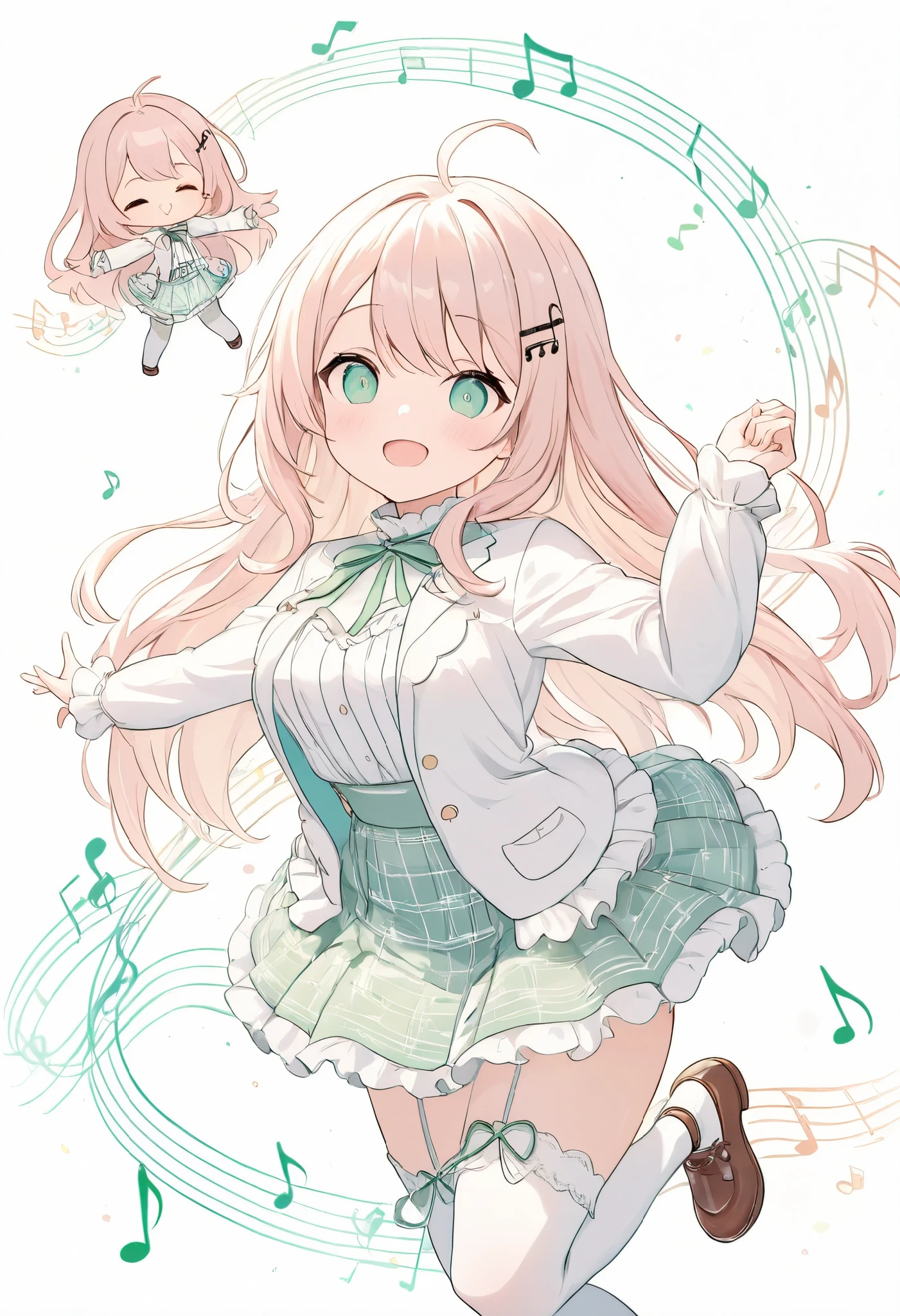 masterpiece, best quality, 8k, highres, ultra-detailed, HDR, UHD,pastel
theme color green, best quality, 1girl, chibi, music-themed outfit, musical note hair clip, white jacket, piano key pattern, plaid skirt, frilly hem, thigh-high stockings, brown shoes, ribbon accents, cheerful expression, open arms, dynamic pose, floating colorful music notes, vibrant, whimsical atmosphere, white background