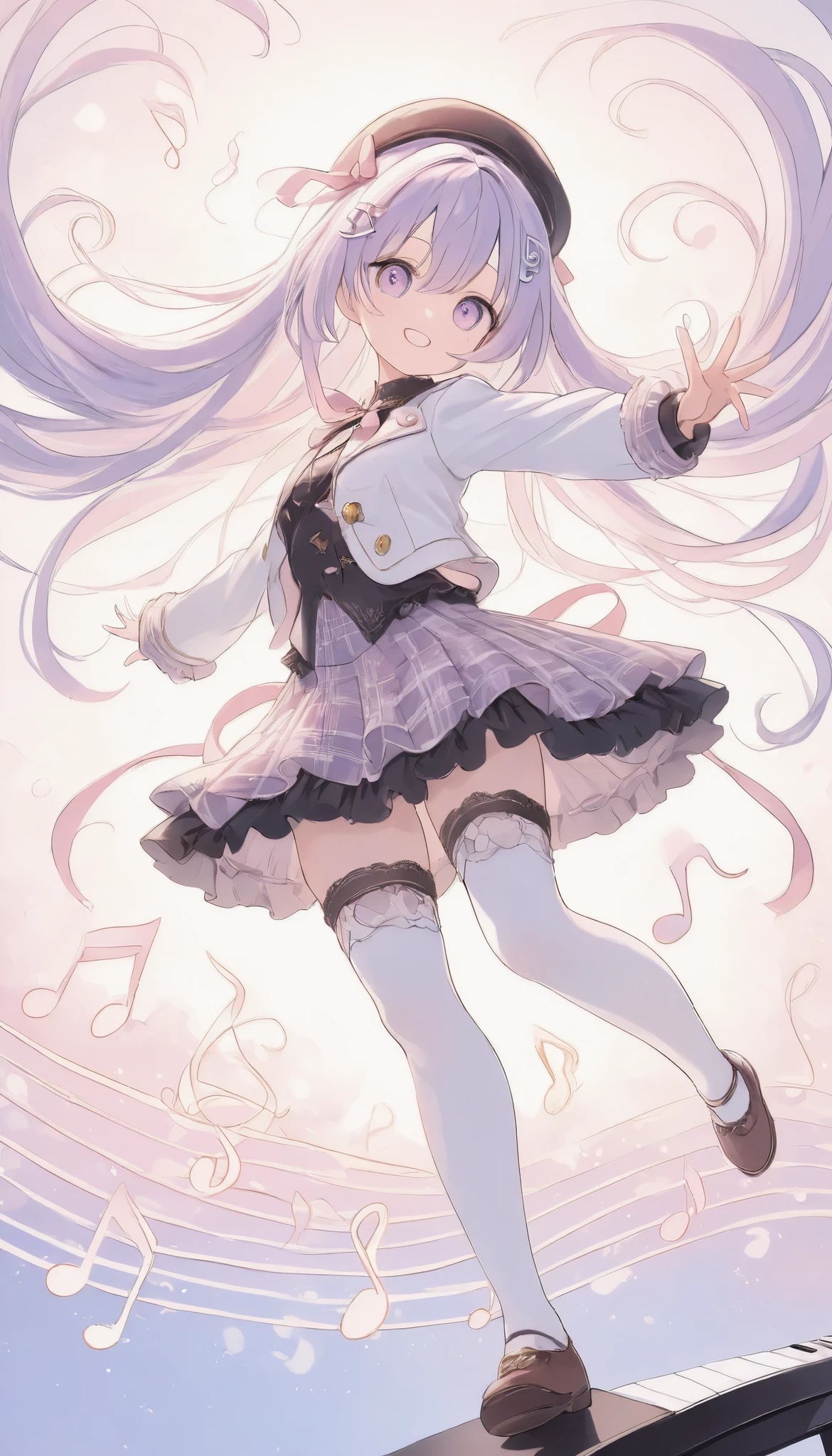 masterpiece, best quality, 8k, highres, ultra-detailed, HDR, UHD, pastel,
Low Fidelity (lofi) art style,
pastel pink and purple tones, illustration, best quality, 1girl, chibi,music-themed outfit, musical note hair clip, white jacket, piano key pattern, plaid skirt, frilly hem, thigh-high stockings, brown shoes, ribbon accents, cheerful expression, open arms, dynamic pose, floating colorful music notes, vibrant, whimsical atmosphere,
