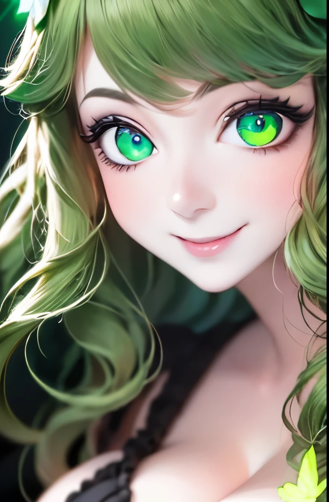 a close up of a woman with green butterflies on her head, an anime drawing inspired by Ross Tran, trending on cg society, fantasy art, green glowing eyes, with glowing eyes, magical glowing eyes, glowing green eyes, brightly glowing eyes, clear green eyes, bright green eyes, with green eyes, dreamy green eyes, numerous dimly glowing eyes, eyes are glowing