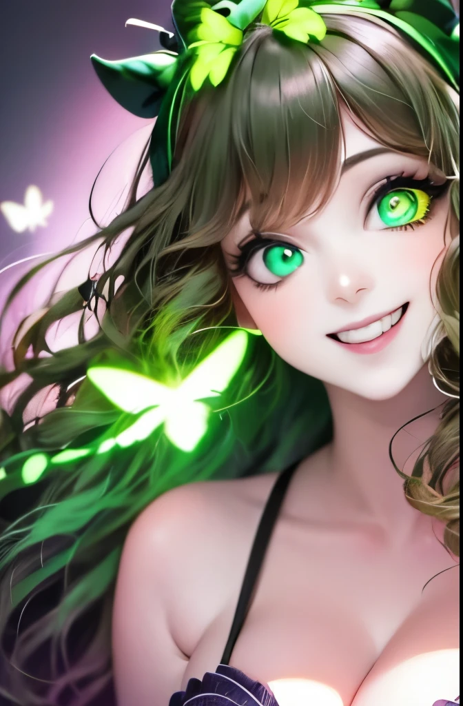 a close up of a woman with green butterflies on her head, an anime drawing inspired by Ross Tran, trending on cg society, fantasy art, green glowing eyes, with glowing eyes, magical glowing eyes, glowing green eyes, brightly glowing eyes, clear green eyes, bright green eyes, with green eyes, dreamy green eyes, numerous dimly glowing eyes, eyes are glowing