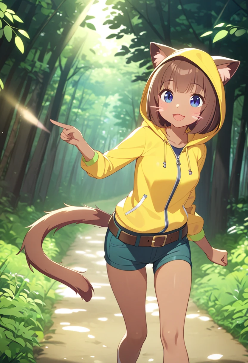  best quality、 one girl、Slender body、 small breasts、 brown hair、3 red whiskers 、 short bob、 cat ears and tail that open legs、Dark blue eyes、Brown Skin、Yellow-green hood 、Leather Belt、Walking along a forest path、The light is pointing、 Fun Vibes 、smile