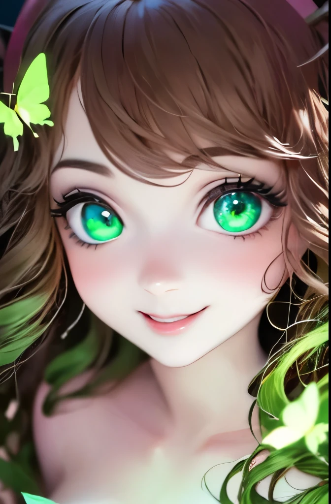 a close up of a woman with green butterflies on her head, an anime drawing inspired by Ross Tran, trending on cg society, fantasy art, green glowing eyes, with glowing eyes, magical glowing eyes, glowing green eyes, brightly glowing eyes, clear green eyes, bright green eyes, with green eyes, dreamy green eyes, numerous dimly glowing eyes, eyes are glowing