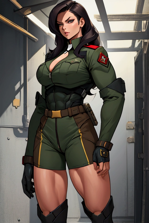 solo, 1 girl, (very long hair), black hair, angry, yellow eyes pale skin (wide hips thick thighs curvy muscular toned body bodybuilder huge tits) ((military uniform))