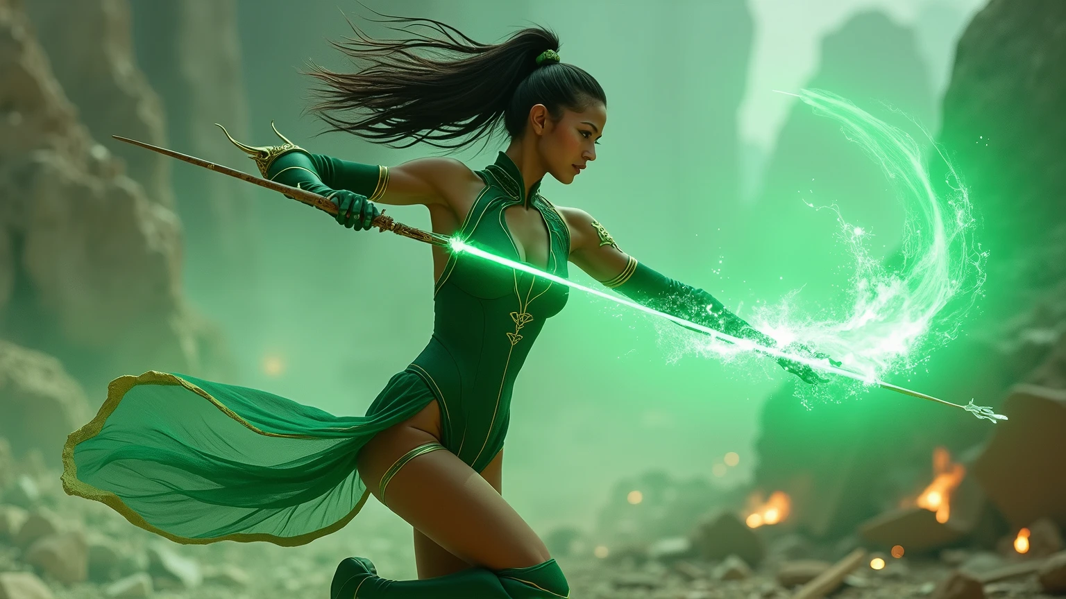 *"HYPER-REALISTIC, PHOTO, REALISM, CINEMATOGRAPHY, 8K, 4K. Jade is mid-action, spinning her glowing green bo staff with deadly precision. Her athletic body moves with fluid grace, each motion perfectly controlled and executed. Her caramel-toned skin glows faintly under the light of her weapon, emphasizing the sharp definition of her toned arms and long, powerful legs.Her combat attire—a tight, emerald-green bodysuit with gold detailing—clings to her hourglass figure, highlighting her athletic chest, narrow waist, and curvaceous hips. Her raven-black hair streams behind her in motion, reflecting her agility and speed,Her piercing emerald eyes shine with determination, her expression a mix of focus and confidence. The background is an Outworld battlefield strewn with rubble and glowing green energy, emphasizing the mystical nature of her powers. Jade’s pose and beauty combine strength and sensuality, making her a mesmerizing figure of deadly elegance."*