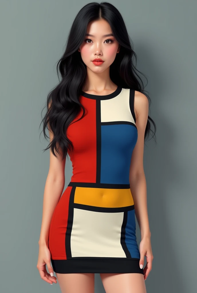 ( detailed face ), ultra high resolution,( Photo Real:1.7), from thigh up ,Vivid, cute, normal ,( gray background ),Crew-neck dress inspired by Mondrian's composition red, blue, and yellow, long black hair,Studio shot,