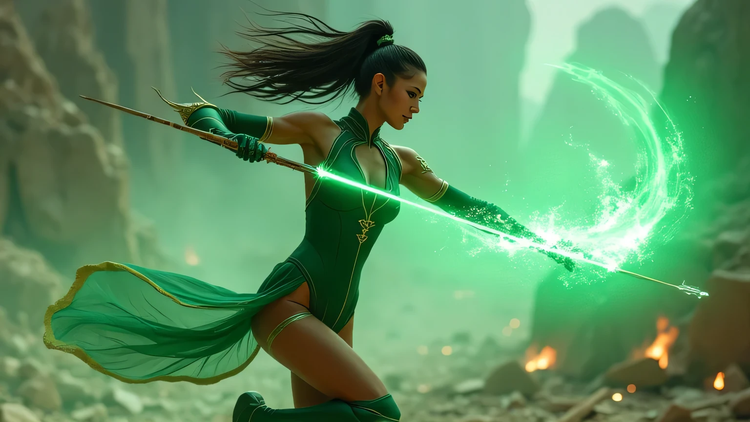 *"HYPER-REALISTIC, PHOTO, REALISM, CINEMATOGRAPHY, 8K, 4K. Jade is mid-action, spinning her glowing green bo staff with deadly precision. Her athletic body moves with fluid grace, each motion perfectly controlled and executed. Her caramel-toned skin glows faintly under the light of her weapon, emphasizing the sharp definition of her toned arms and long, powerful legs.Her combat attire—a tight, emerald-green bodysuit with gold detailing—clings to her hourglass figure, highlighting her athletic chest, narrow waist, and curvaceous hips. Her raven-black hair streams behind her in motion, reflecting her agility and speed,Her piercing emerald eyes shine with determination, her expression a mix of focus and confidence. The background is an Outworld battlefield strewn with rubble and glowing green energy, emphasizing the mystical nature of her powers. Jade’s pose and beauty combine strength and sensuality, making her a mesmerizing figure of deadly elegance."*