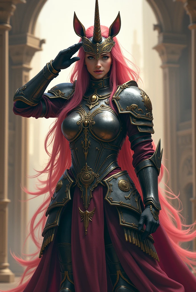 A woman, Long and curly hair, pink hair, green eyes, wearing armor, defeated, medieval background, sad, sword