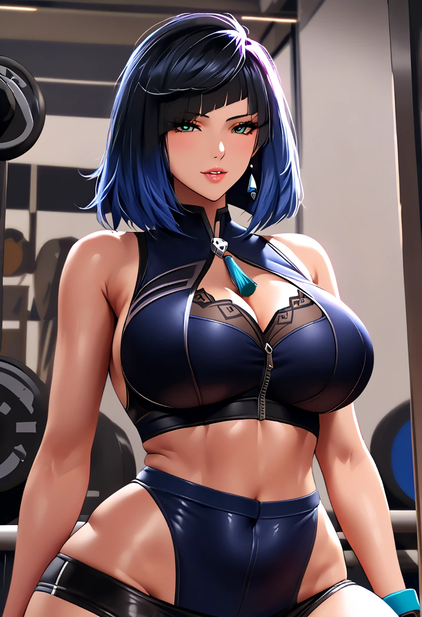 ( masterpiece), ( realistic anime style), (super detailed ), ( definite details), (Very sexy goddess body ), ( perfect super sexy body), Yelan, Awesome MILF, Super beautiful, Very pretty, extremely beautiful, too sexy,  very huge sexy breasts, Tracero sexy ,  tight sports bra, fitted shorts, an electric gym