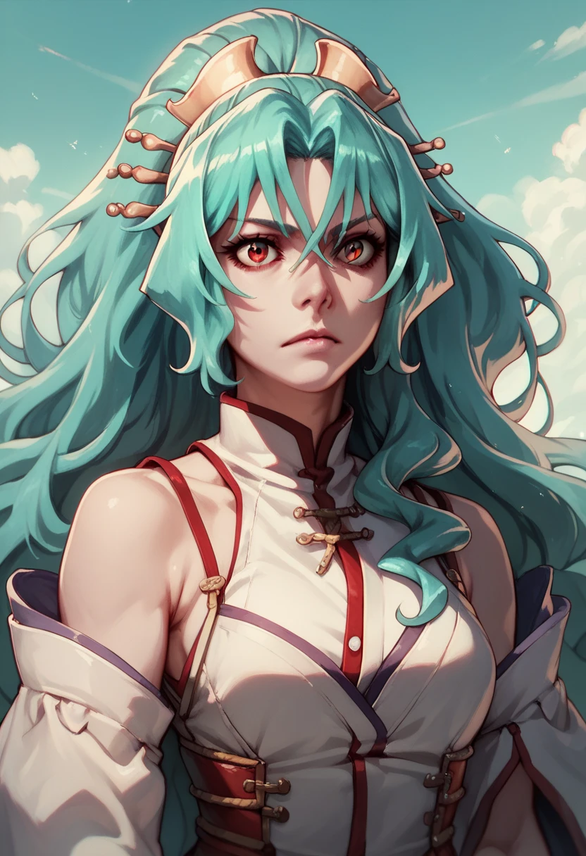 TOMOE, RED EYES, AQUA HAIR, detailed backgorund