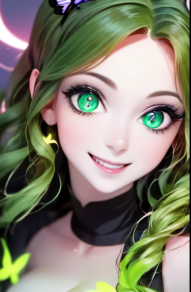 a close up of a woman with green butterflies on her head, an anime drawing inspired by Ross Tran, trending on cg society, fantasy art, green glowing eyes, with glowing eyes, magical glowing eyes, glowing green eyes, brightly glowing eyes, clear green eyes, bright green eyes, with green eyes, dreamy green eyes, numerous dimly glowing eyes, eyes are glowing