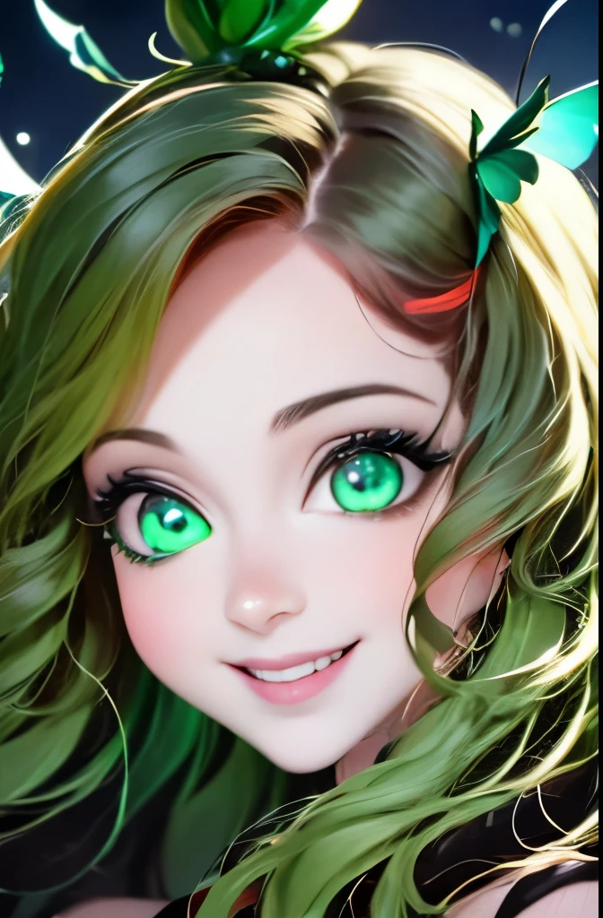 a close up of a woman with green butterflies on her head, an anime drawing inspired by Ross Tran, trending on cg society, fantasy art, green glowing eyes, with glowing eyes, magical glowing eyes, glowing green eyes, brightly glowing eyes, clear green eyes, bright green eyes, with green eyes, dreamy green eyes, numerous dimly glowing eyes, eyes are glowing