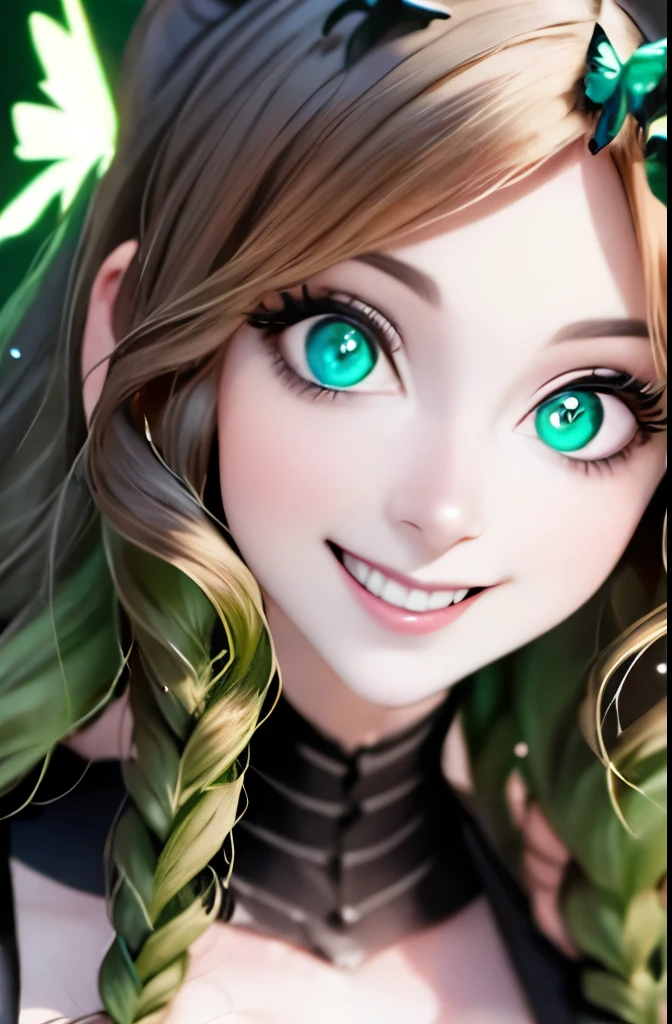 a close up of a woman with green butterflies on her head, an anime drawing inspired by Ross Tran, trending on cg society, fantasy art, green glowing eyes, with glowing eyes, magical glowing eyes, glowing green eyes, brightly glowing eyes, clear green eyes, bright green eyes, with green eyes, dreamy green eyes, numerous dimly glowing eyes, eyes are glowing