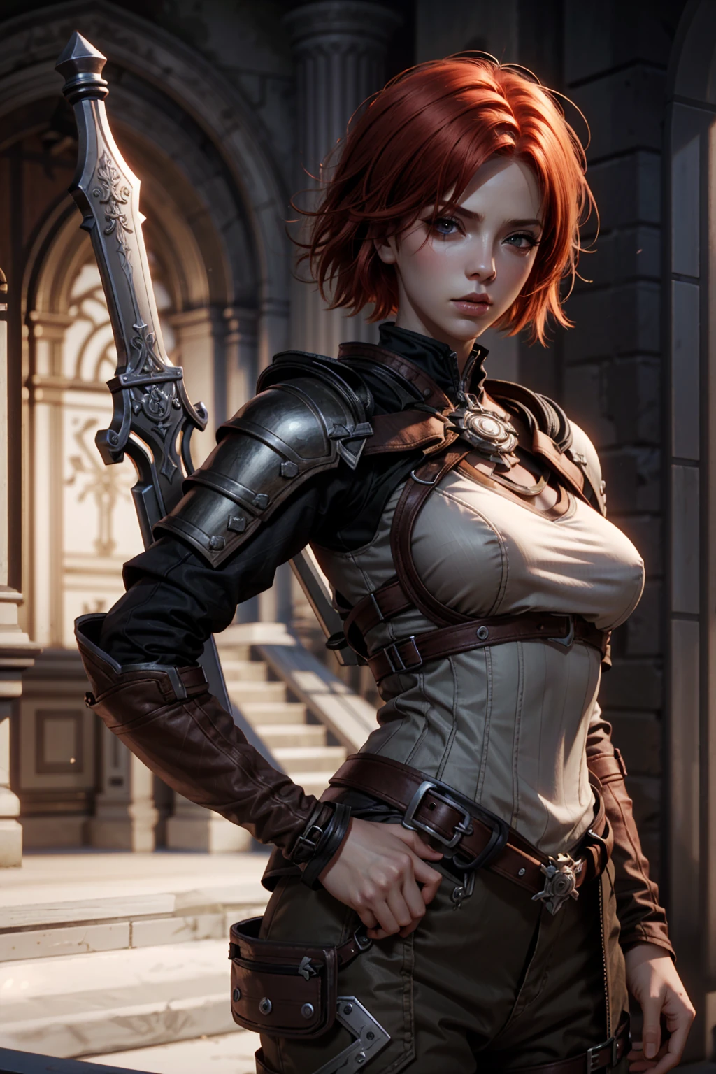 LelianaDA, 1girl, solo, weapon, sword, red hair, short hair, blurry background, breasts, blurry, realistic, armor, medium breasts, lips
