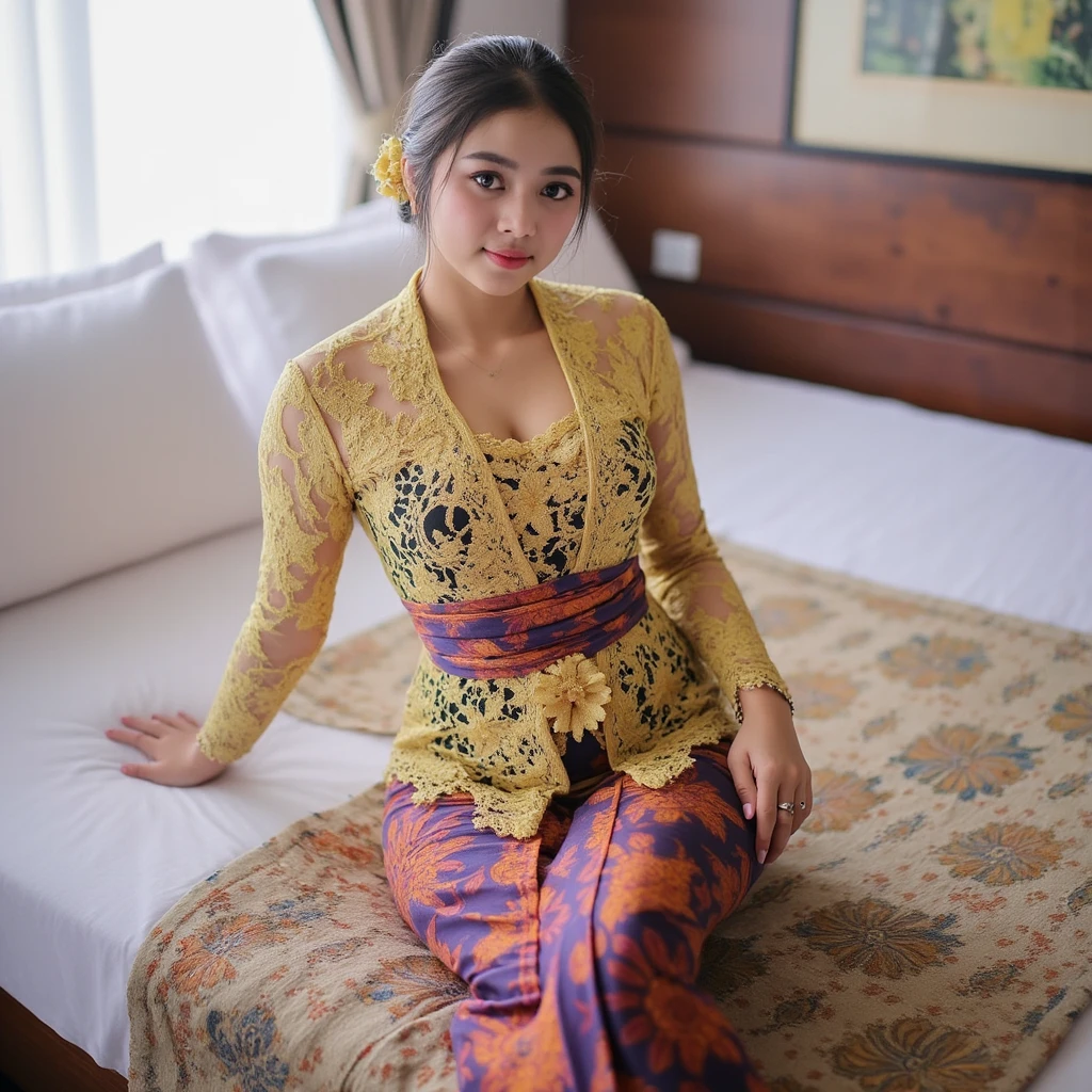 medium close up Indonesian young woman wearing a kebaya with a hijab and a batik skirt lying on her back leaning on one arm ON THE BED, long open legs wrapped in traditional batik cloth, 