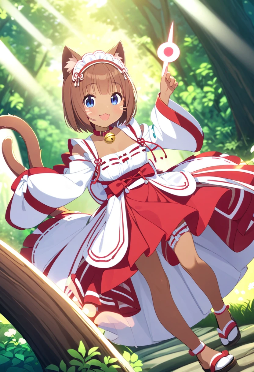  best quality、 one girl、Slender body、 small breasts、 brown hair、3 red whiskers 、 short bob、 cat ears and tail that open legs、Dark blue eyes、Brown Skin、 red collar with bell、Red and white shrine maiden costume、Brown tights、black sandals 、Forest Path、The light is pointing、 Fun Vibes 、smile